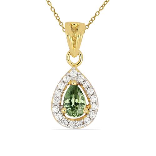 14K GOLD NATURAL GREEN SAPPHIRE GEMSTONE WITH WHITE DIAMOND HALO PENDANT